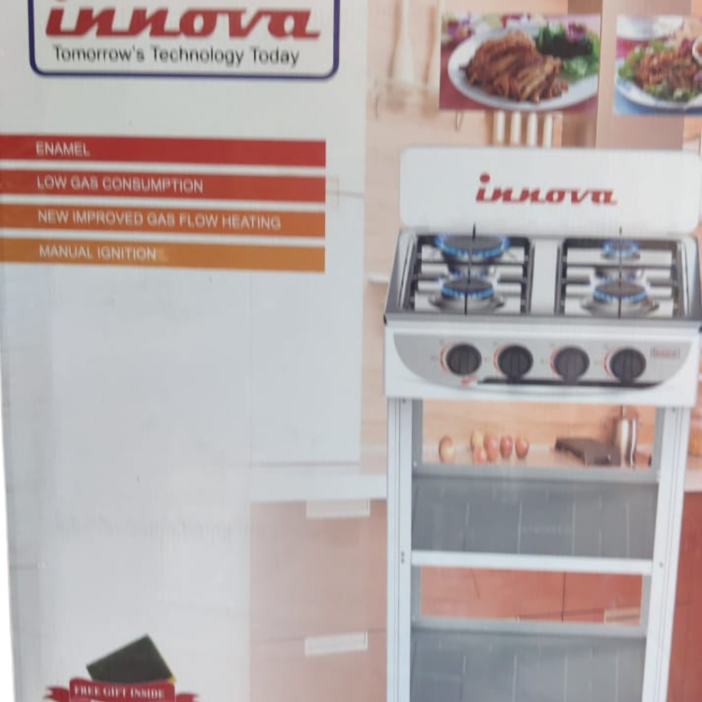 Innova Four Burner Gas Top Cooker: Enamel, Low Gas, Free Gift, with Stand